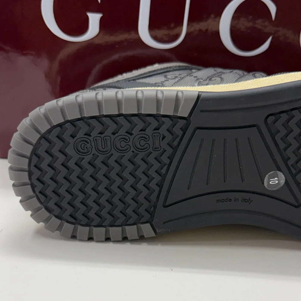 Gucci mens Gray and Black Sneakers with Red and Green Accents